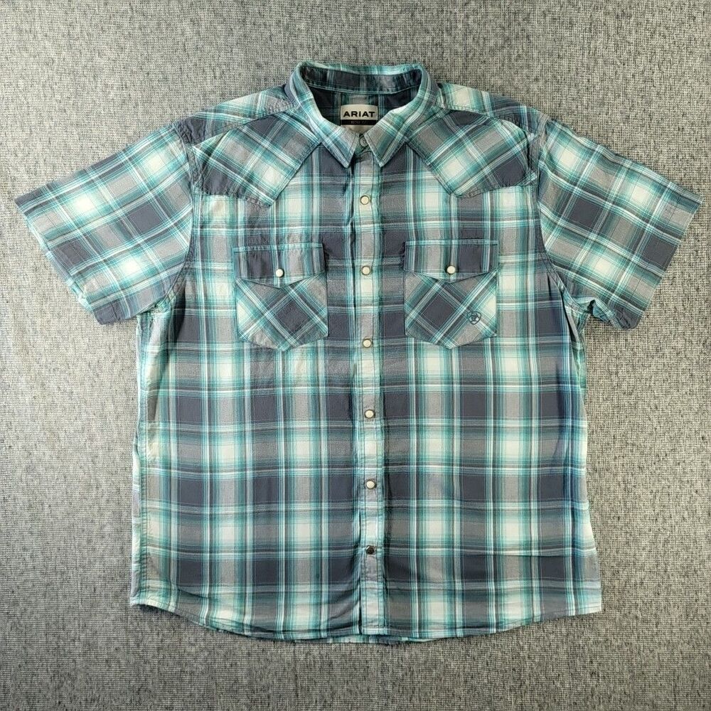 Ariat Retro Fit Mens XL Harrington Plaid Short Sleeve Pearl Snap Western Shirt